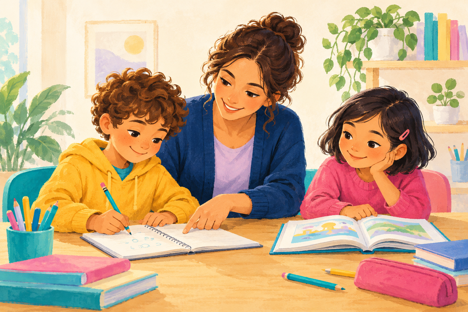 Illustrazione di bambini durante l’aiuto compiti